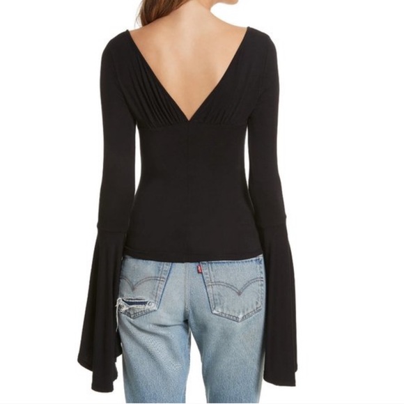 FREE PEOPLE black V-neck gathered front long bell sleeve top shirt - Picture 4 of 12